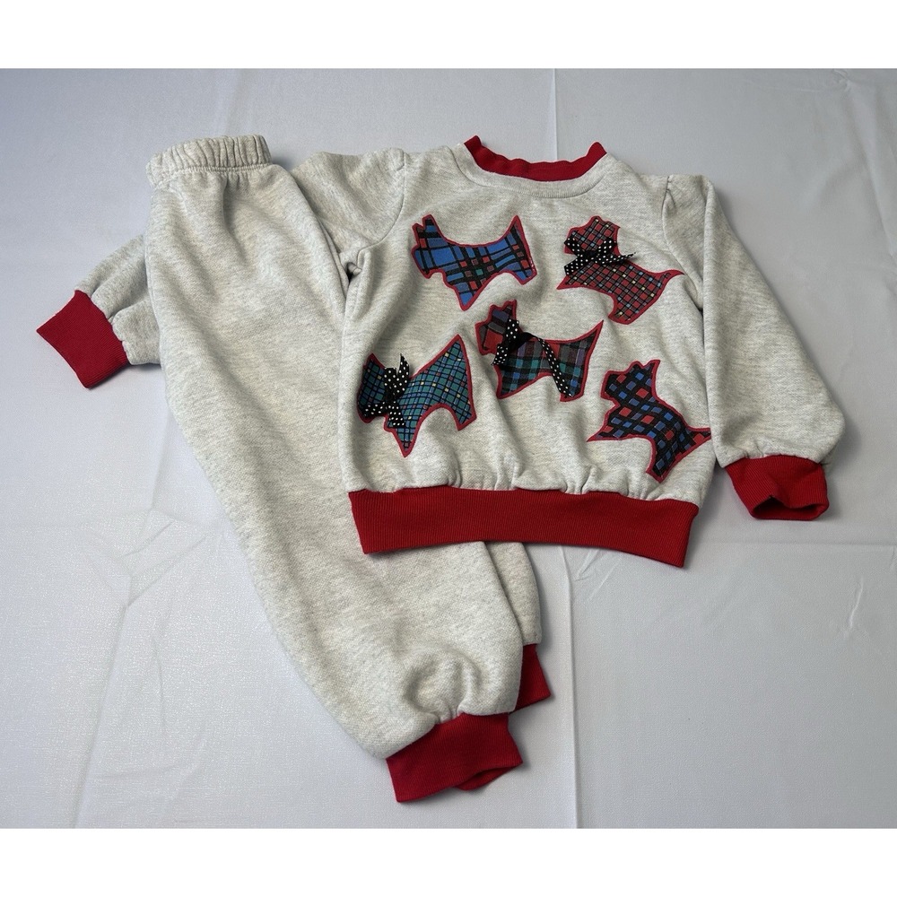 Vintage 80s Toddler Sweatsuit 3T Gray Plaid Scottie Dog Set Made USA
